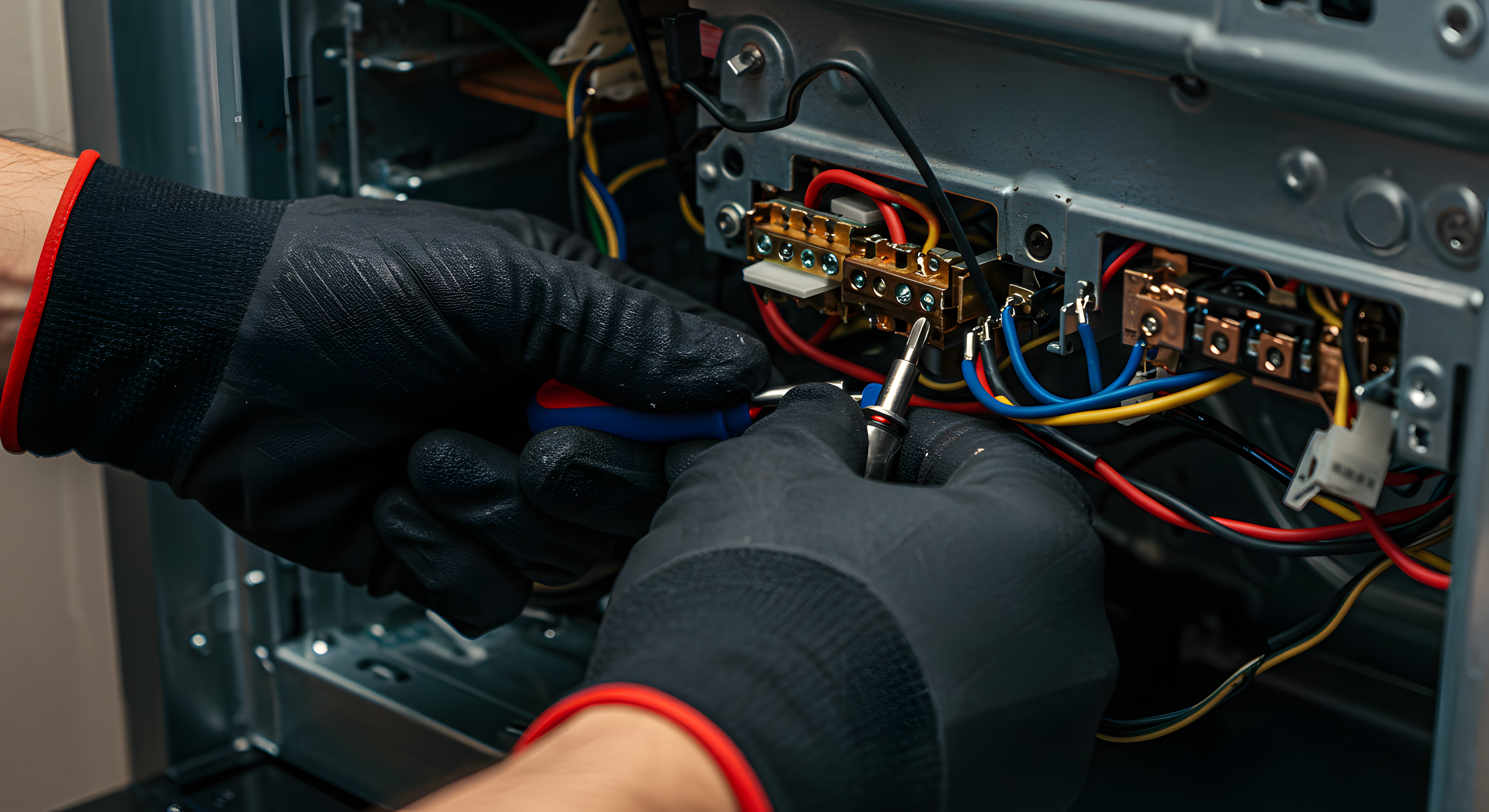 A technician wearing black gloves is carefully adjusting electrical connections within a complex system, highlighting precision and technical work.